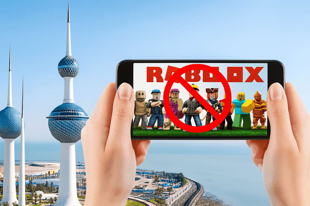 "Hands holding a smartphone showing Roblox characters with a red ban symbol, in front of Kuwait Towers, symbolizing Roblox ban in Kuwait"