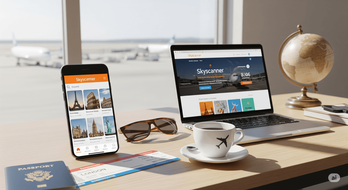 A wooden desk set up for travel planning, featuring a smartphone and laptop both displaying the Skyscanner app and website. On the desk are a passport, a boarding pass for a flight to London, sunglasses, a coffee cup, and a small globe. Through the window behind the desk, an airport runway with airplanes is visible.