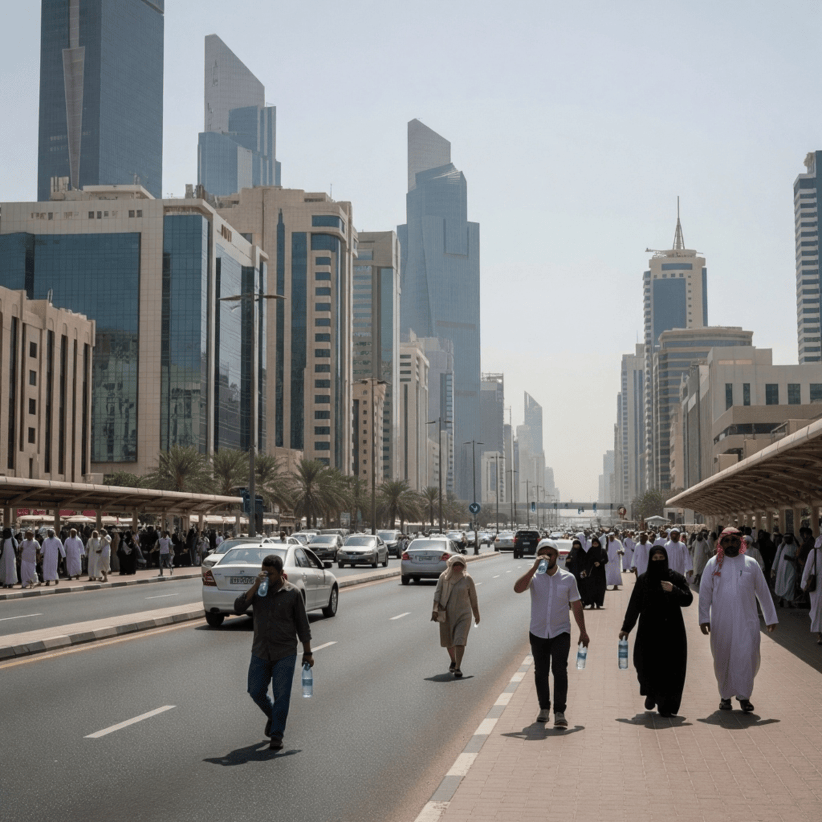 "Extreme Heat Advisory Kuwait: A wide street in Kuwait City under a bright, clear sky, indicating very hot weather. Tall modern buildings line both sides of the street, with a few palm trees visible. Cars are driving on the road, and several people are walking on the sidewalks, many dressed in traditional long robes and head coverings, suggesting a need for protection from the sun in the extreme heat."