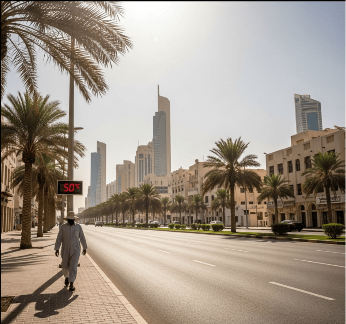 View of Kuwait City under a clear, sunny sky during a heatwave, with high temperatures and light coastal humidity expected over the weekend.