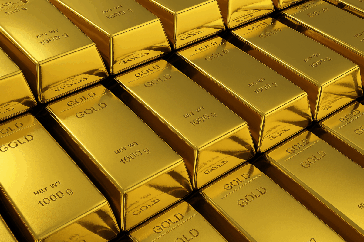 "Stacked gold bars labeled 'FINE GOLD 999.9 NET WT 1000 g', representing wealth and investment value related to gold prices."