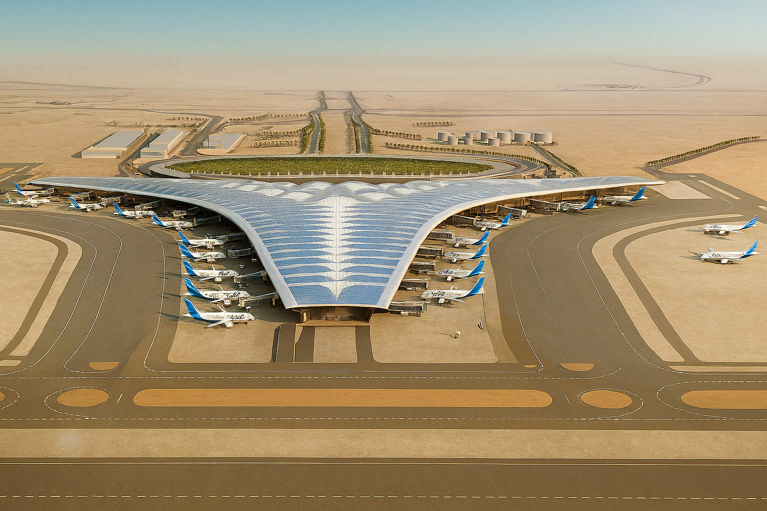 "Poster featuring a modern airport terminal with KUWAIT-branded airplanes and desert surroundings, overlaid with the announcement: 'The Ministry of Interior launches four new tourist visa categories to meet the needs of travelers.'"